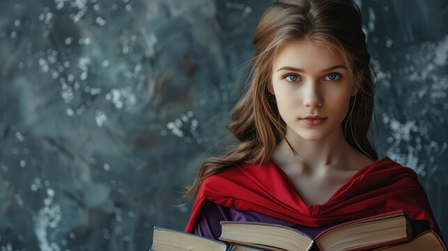 Cute teenage girl dressed as superhero with books on grey background. Library Lovers Day.