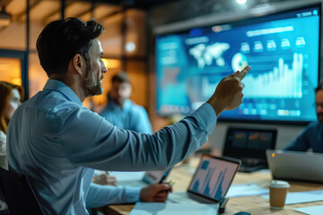 Professional business team working with business graphs and charts in conference room