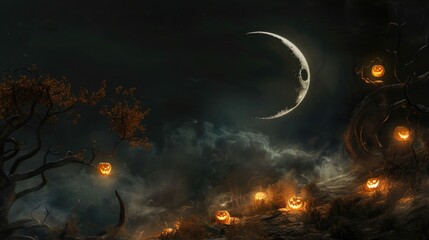 Obraz premium Crescent moon, pumpkin lanterns, gnarled branches, cold misty air, cinematic lighting, hd quality, black background. Crescent moon black background halloween