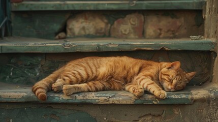 Red cat sleeping on the steps of the staircase, homeless animal. holiday concept World Cat Day. initiative International Fund Animal Welfare.