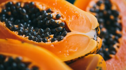 Ripe papaya fruit, sliced open to reveal its vibrant orange flesh and black seeds