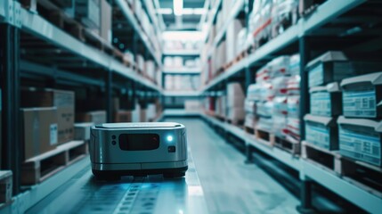 Robot organizes products on shelves in store Futuristic silver robot with boxes on rack Warehouse automation for goods and parcels Space for text