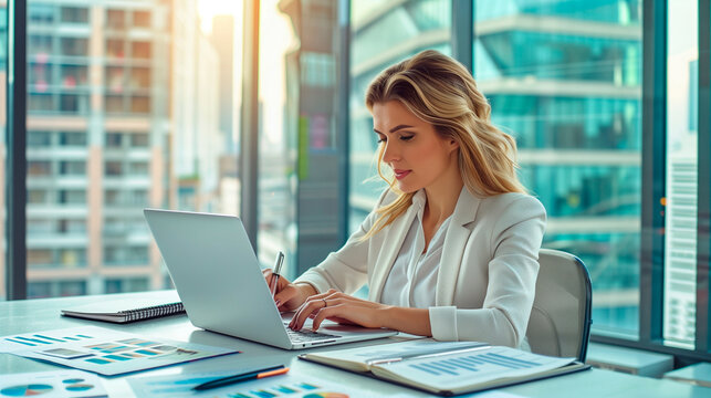 a businesswoman in a high-rise office using her laptop for financial analysis and making notes in a professional notebook, with financial charts and documents on the desk, ideal fo