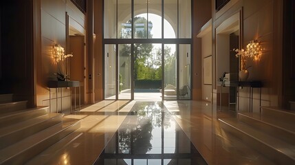 Fototapeta premium A luxurious, sunlit entrance hallway showcasing modern architecture and elegant decor with large windows inviting natural light. 