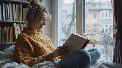 Young smiling woman enjoying new bestseller book sitting on window sill, happy book lover reading fiction literature relaxing at home, student teenager study textbook in modern cozy loft bedroom.