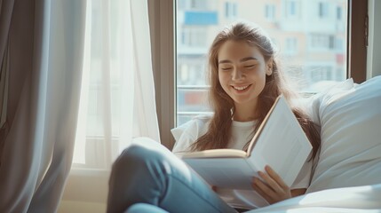 Young smiling woman enjoying new bestseller book sitting on window sill, happy book lover reading fiction literature relaxing at home, student teenager study textbook in modern cozy loft bedroom.