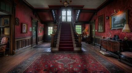 A beautifully ornate hallway featuring a grand staircase and vintage decor, highlighted by rich red wallpaper and intricate wooden detailing.