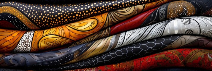 Diverse Textured Fabrics Rolled in Harmony - Colorful Textile Patterns Collection