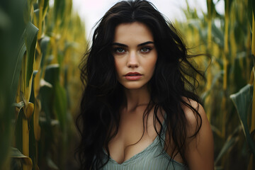 Fototapeta premium beautiful portrait of a black haired woman in a corn field, beautiful woman portrait