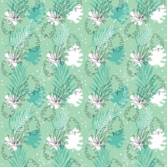 Seamless pattern with palm leaves. Monstera leaves pattern. Summer background with palm leaves. 