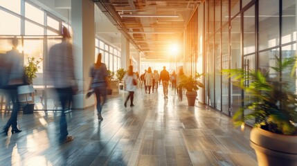 Fototapeta premium Businesspeople walking at modern office. Group of business employees at coworking center. Motion blur. Concept work process. Wide image