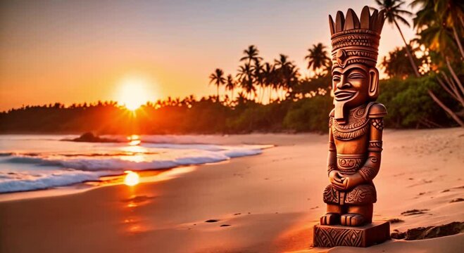 tropical tiki statue on the beach at sunset