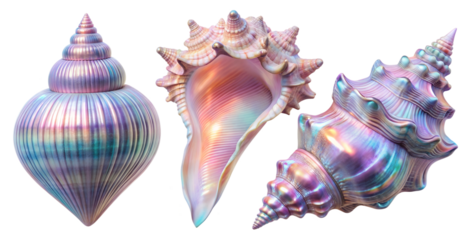 A set of holographic shells with bright shimmering glitter and fancy shapes. The shells are cut out and isolated on a transparent background. Iridescent shell gradient in blue and pink pastel shades.
