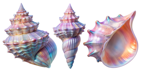 A set of holographic shells with a bright iridescent sheen and a whimsical shape. The sinks are located on a light background. Holographic texture of iridescent shell in blue and pink pastel shades.