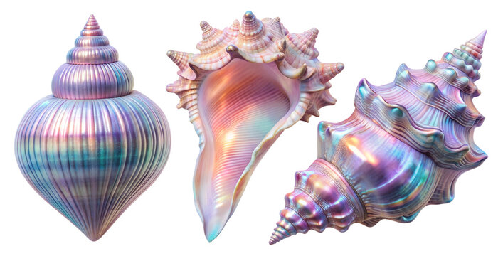 A set of holographic shells with bright shimmering glitter and fancy shapes. The shells are cut out and isolated on a transparent background. Iridescent shell gradient in blue and pink pastel shades.