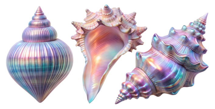 A set of holographic shells with bright shimmering glitter and fancy shapes. The shells are cut out and isolated on a transparent background. Iridescent shell gradient in blue and pink pastel shades.