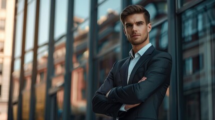 Confident successful young business manager man executive in front of corporate office.