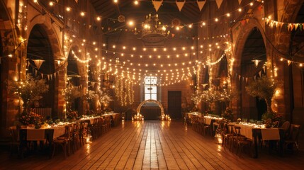 Fototapeta premium A rustic wedding reception hall decorated with string lights flowers and candles