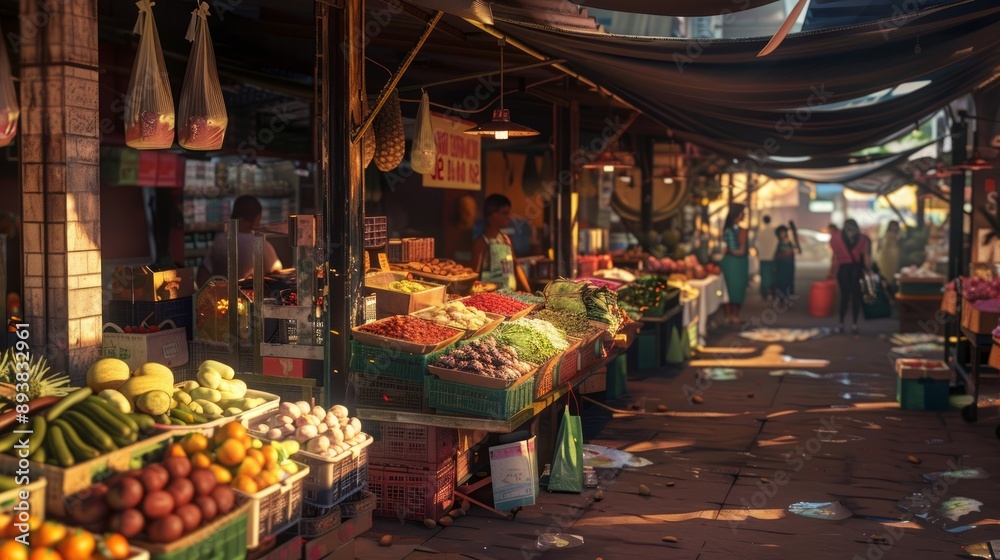 Wall mural a market with a lot of produce and people shopping