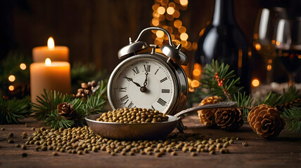 Tradition eat spoon lentil at midnight. Composition with vintage clock, lentil and Christmas decorations