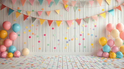 Festive Party Background with Balloons Confetti and Bunting Flags