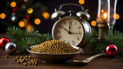 Tradition eat spoon lentil at midnight. Holiday composition with vintage clock and lentil 