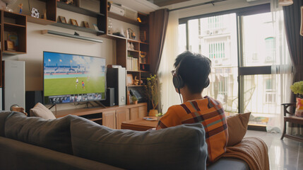 Fototapeta premium Boy Playing Soccer Video Game at Home