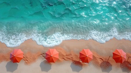 Fototapeta premium Aerial Beach Scene, vibrant umbrellas dotting soft sand, gentle sea waves lapping at the shore, a lively coastal atmosphere captured from above, showcasing nature's beauty.