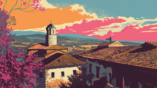Risograph artistic riso print travel poster, card, wallpaper or banner illustration, modern, isolated, clear, simple of Kazanlak, Bulgaria