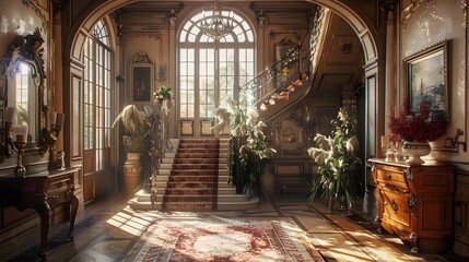 Fototapeta premium A beautifully styled grand foyer with intricate architectural details, elegant furniture, and abundant natural light illuminating lush greenery and decorative elements. 