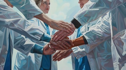 Obraz premium Group of medical professionals in scrubs and white coats, putting their hands together in a unified gesture