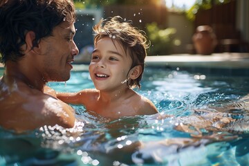 little boy plays with his father in the swimming pool in summer