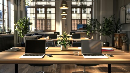 Fototapeta premium Immerse yourself in the modern ambiance of a coworking office, where laptops sit atop sleek desks in a spacious, light-filled environment