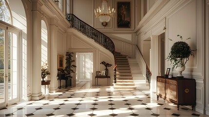 A grand, elegantly designed foyer featuring a sweeping staircase, exquisite chandelier, and luxurious decor, bathed in natural light. 