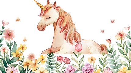 Watercolor Unicorn in a Garden of Flowers