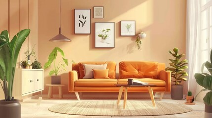 Naklejka premium Stylish living room with decor items, orange sofa, beige cabinet, coffee table, and plant-friendly accessories. Template.