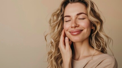 Naklejka premium beauty portrait of a beautiful woman touching her beautiful, healthy skin with her hands, facial care concept