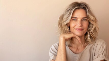 beauty portrait of a smiling woman 45 years old with gray hair on a  neutral background, concept of natural female beauty and skin care, copy space