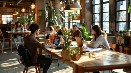 Modern coworking space with wooden furniture, natural light, and people working on laptops, creating a productive and inspiring environment.