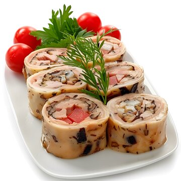 Appetizing roll of meat with mushrooms and vegetables
