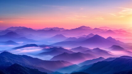 Fototapeta premium A breathtaking landscape showcasing a misty mountain range illuminated by a vibrant purple and pink sunset
