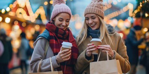Obraz premium Joyful Friends Enjoying a Winter Holiday Market with Hot Drinks