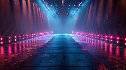 A narrow wooden pathway illuminated by vibrant pink and blue spotlights creating a dramatic and mysterious ambiance
