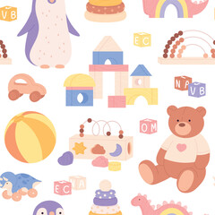 Kids toys seamless pattern. Childish design for fabric print or wrapping, wallpaper, nursery elements. Plush bear, car, wooden cubes, racy vector background