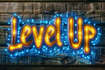 Neon Level Up Sign Illuminating Wooden Background - Gaming, Motivation, and Achievement Concept