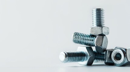 Nuts and bolts stack on white background with space for text