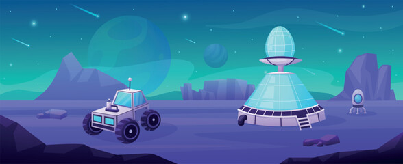 Space station on planet. Research futuristic building and scientific rover. Exploration mission, galaxy adventures and travel nowaday vector background © LadadikArt
