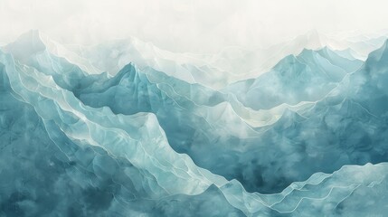 Abstract Watercolor Depiction of Serene Mountain Ranges in a Pale Blue Hue