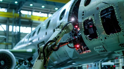 Fototapeta premium Robot technician replacing turbine blades in an aircraft engine