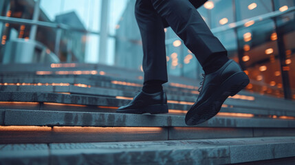 Fototapeta premium Career ladder. A man in a business suit is walking up the stairs. Ambition concept with businessman climbing stairs. Legs close-up, rear view. Career growth.